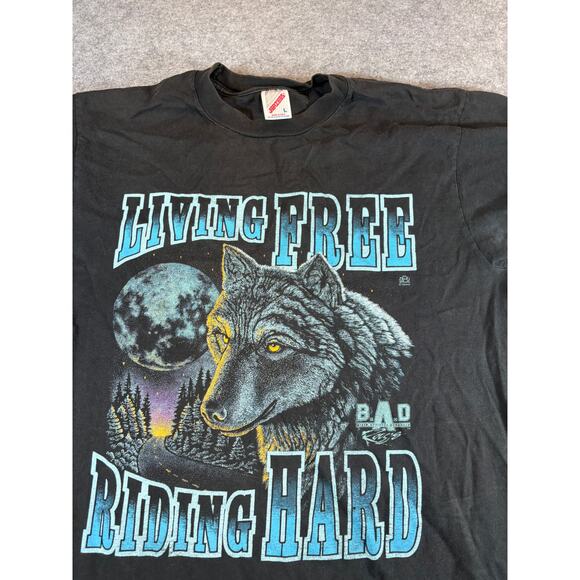 Vintage 90s Motorcycle Shirt Mens Large Black Graphic Wolf Riding Hard Grunge - Picture 4 of 7